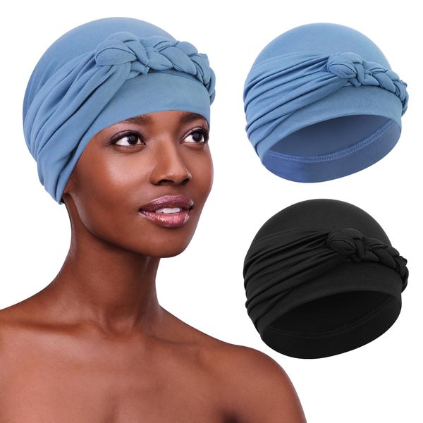 XEPST 2 Pieces Head Wraps Turban Hats Chemo Headwear Twisted Braid Hair Cover Headwrap Hats Sleep Caps for Women Girls Light Blue, Black