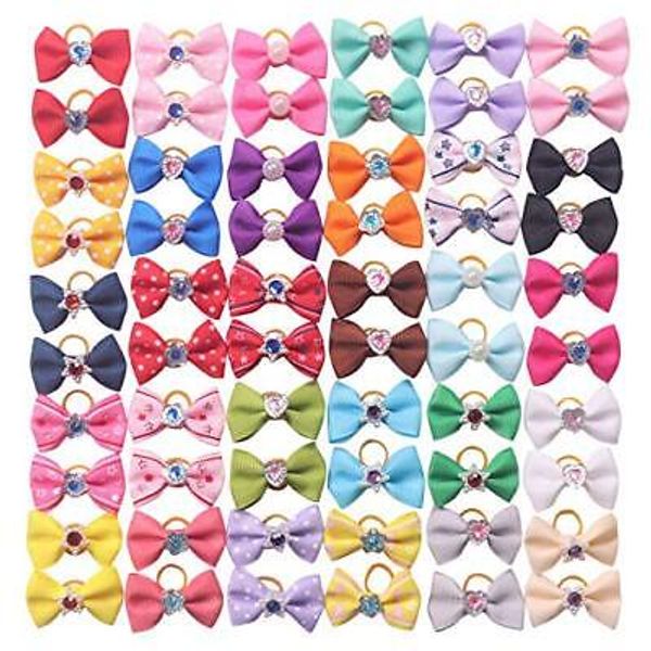 60Pcs/30Pairs Dog Puppy Yorkie Hair Bows w/ Rubber Band Pet Grooming Accessories