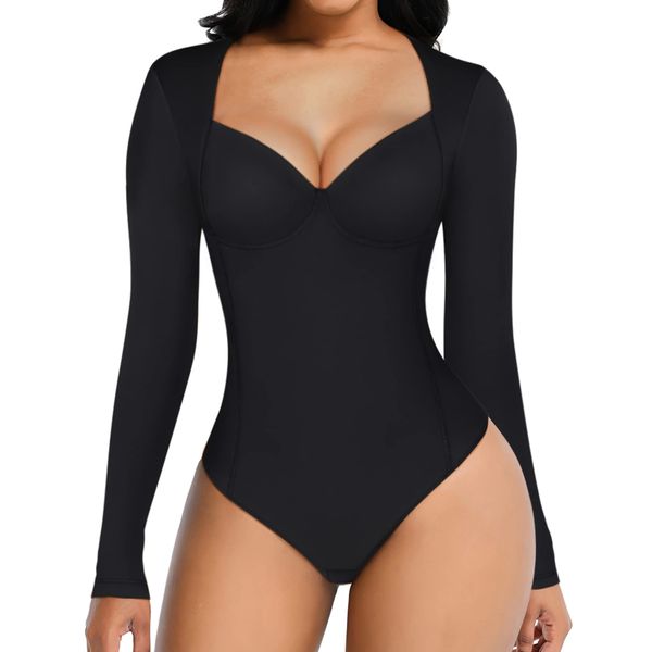 FeelinGirl Long Sleeve Bodysuits for Women Black Tummy Control Bodysuit V Neck Thong Shapewear Body Suit Corset Tops 2024