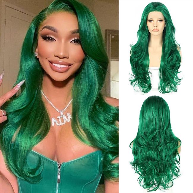 BABEHERS Dark Green Lace Front Wigs 13x3 Synthetic Lace Front Wig Loose Curly Wigs for Women 24 Inch Long Wavy Synthetic Lace Front Wig Wave Heat Resistant 150% Density