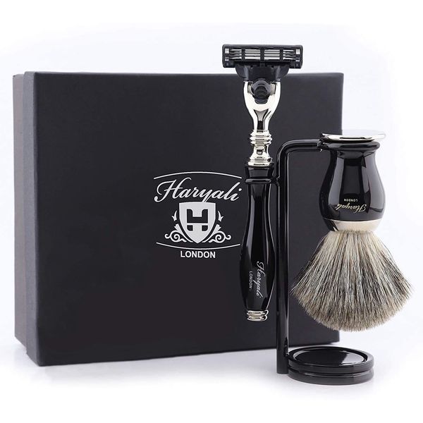 Haryali London 3 Edge Razor With Black Badger Hair Shaving Brush Perfect Shaving Kit For Mens