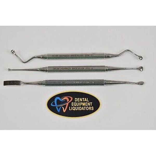 Set of 3 Dental Instruments Hu-Friedy  Curettes and Bone Chisel w/522 Handles