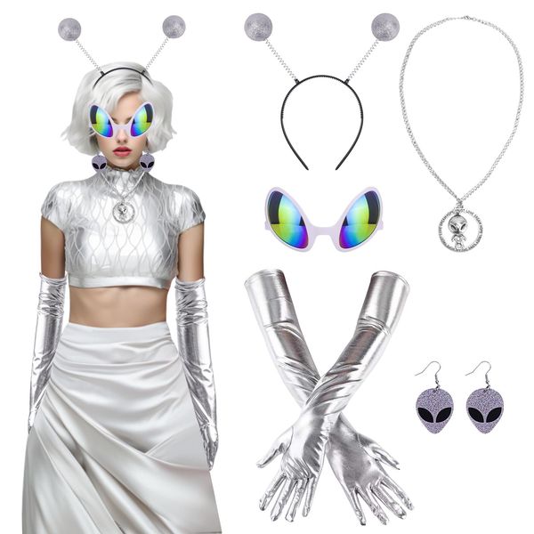 SelfTek 5-Teiliges Alien Kostüm Set, Alien Kostüm Damen Space Kostüm, Alien Haarreif Alien Brille Karneval Costume, für Damen Halloween Cosplay Maskerade Karneval