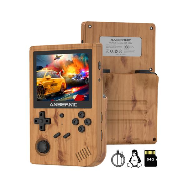 RG351V Handheld Game Console Portable 3.5 inch IPS Screen Open Source System Built-in WiFi Online Sparring 3900mAh Battery 64G Card 2500 Retro Classic Games Gifts (RG351V-Wood Grain)