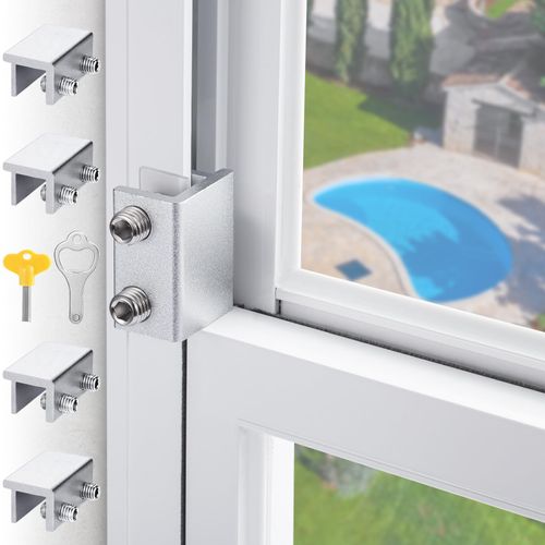 Sliding Window Locks,Window Locks for Horizontal Sliding Windows,Window Security Lock with Key,Adjustable Aluminum Easv to Install Window Stopper,Window Locks for Up and Down Windows (4 Sets Silver)