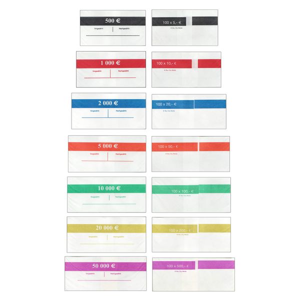 Banderolen Set für Euro Geldscheine je 20x (5 €, 10 €, 20 €, 50 €, 100 € Banderole) + 5x (200 € & 500 € Banderole) Geldbanderole Papier für Geldbündel Fassungsvermögen je 100 Scheine