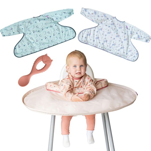 Tidy Tot ®™ Coverall Baby Weaning Bib & Tray Kit Feeding Set. Includes 1 Highchair Tray & 3 Coverall Baby Feeding Bibs with Sleeves. Attaches to Highchair Tray & 1 Silicone Spoon
