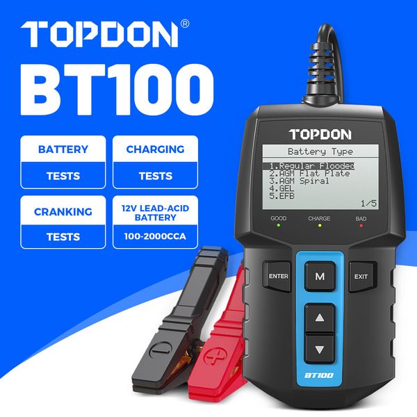 TOPDON BT100 Automotive Battery Tester 12V Load Tester Charging System Analyzer