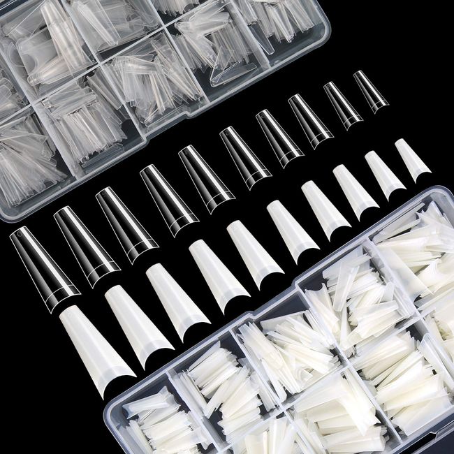 1000 PCS French Coffin Ballerina Nail Tips Acrylic Artificial Half False Flake Nail Tips 10 sizes with Clear Plastic Cases for Nail Salon Nail Shop DIY Nail Art (Clear+Natural)