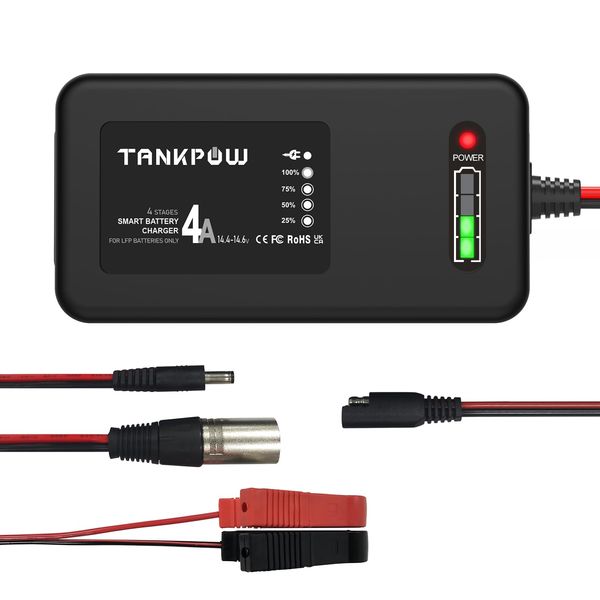 TANKPOW 4-Amp LiFePO4 Battery Charger,14.6 Volt LFP Lithium Battery Charger,4-Stages Lithium Iron Phosphate Battery Charger for Cars,Motorcycles,Lawn Mowers,Toy Cars,Golf Carts,UAV,Fishing Boat