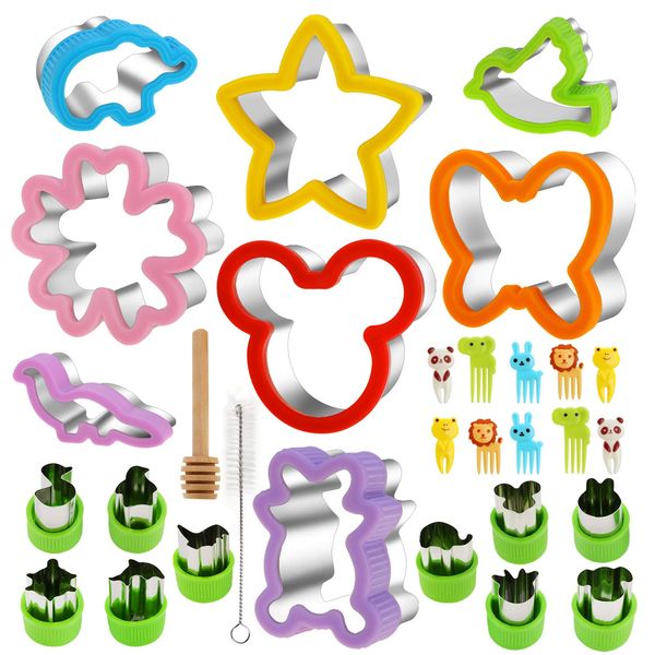 30 Pcs Cookie Cutters Stainless with Comfort Grip Steel Sandwich Vegetable Cutters Set, Animal Shapes DIY Cake Decoration Molds Fruit Chocolate Cutters with Fork and Brush for Holiday Party Bake Gift