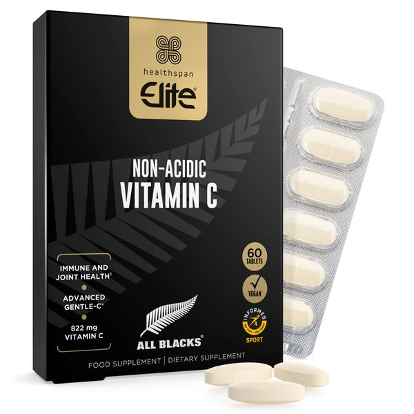 Healthspan Elite All Blacks Non-Acidic Vitamin C (2 Months’ Supply) | 1,000mg Calcium Ascorbate Providing 822mg Vitamin C | Immune & Joint Health | Advanced Gentle C | for Sensitive Stomachs | Vegan