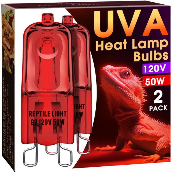 Briignite G9 Infrared Heat Lamp Bulbs for Reptile, Mini Reptile Light, Dimmable Night Red UVA Reptile Heat Lamp, 2 Pin Base Mini Heat Bulbs 50W, Bearded Dragon Turtle Lizard, 2Pack