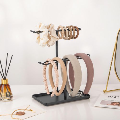 Josmimic Organizer Headband Holder for Hair Accessories: Two-Tier Stand with Storage Tray for Girls, Perfect for Vanity, Dresser, or Bathroom, White Tray with Gold Rods