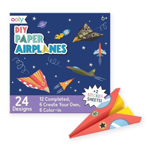 Ooly DIY Paper Airplane Book, 24 Paper Planes & Stickers, Paper Airplane Kit Includes 12 Completed, 6 Blank & 6 Color-in Paper Planes, Great Summer Arts & Crafts Activities for Boys and Girls