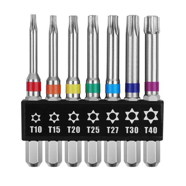 OIENNI T10-T40 Torx Screw Bit Set, 7 Pieces, 2.6 inches (65 mm), Single Head Torx, Hex Shaft, 0.25 inches (6.35 mm), Magnetic Screwdriver Bit Set, 2.6 - 0.2 inches (65 mm) - 7 Piece Set