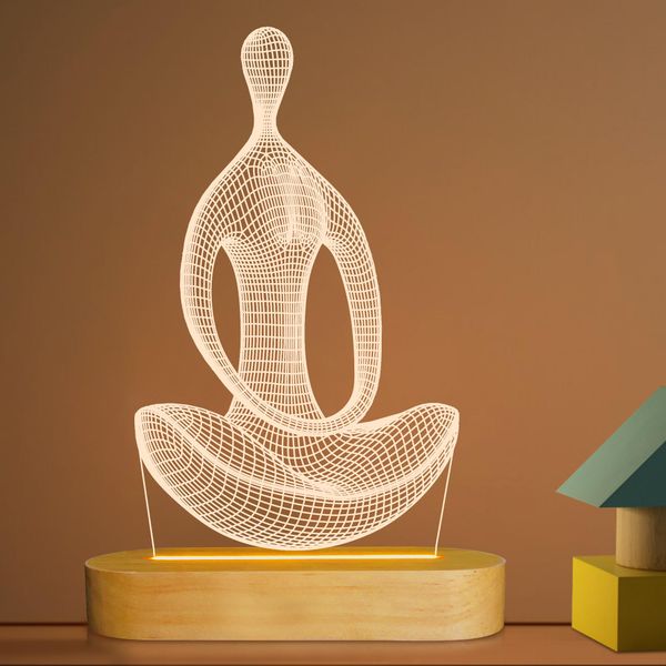 Yoga Lamp LED 3D Art Night Light for Girls Women Meditation Lovers Birthday Gifts,USB Power Warm Color Wood Base Table Lamps