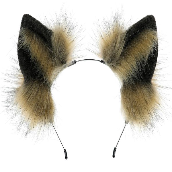 dressfan Faux Fur Wolf Ears Headband Cartoon Wolf Fox Headwear Carnival Halloween Dress up Accessories,Women&Girls Party Decoration Cosplay Costume Christmas Gifts,Black+Brown