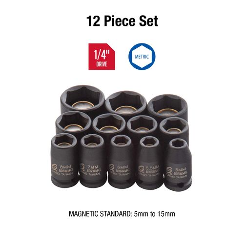 SUNEX TOOLS 1822, 1/4 Inch Drive Magnetic Impact Socket Set, 12-Piece, Metric, 5mm-15mm, Cr-Mo Alloy Steel, Radius Corner Design, Dual Size Markings, Heavy Duty Storage Case