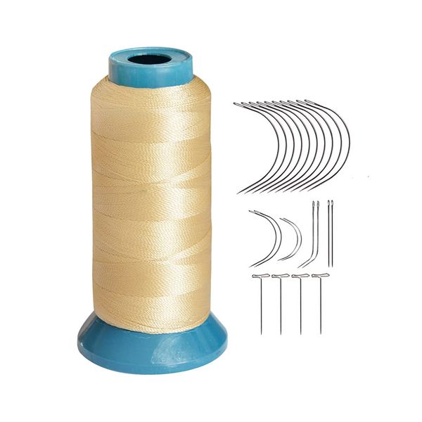 Weaving Thread Polyester Sewing Thread Size 210D with 12pcs 9cm C Type Needles Curved Hair Needles（Blonde）