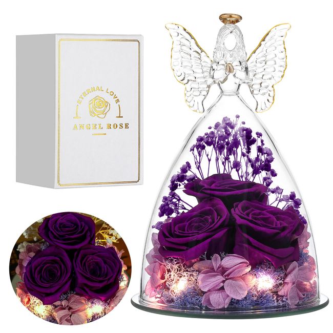 Tiaronics Mothers Day Rose Gifts for Her, Glass Angel Figurine with Three Roses Gifts,Preserved Forever Real Rose Gifts for Women, Angel Guardian with Rose Flower Gift, Full Purple