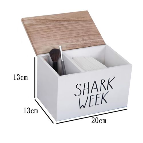 Shark Week Design Sanitary Napkin Storage Container, 2 Compartments Pad and Tampon Organizer, Wooden Menstrual Care Storage Box, 7.9x5.1x5.1inches White