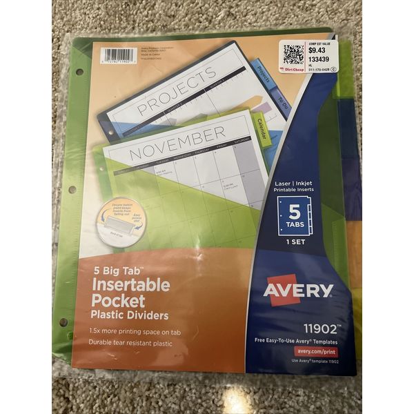 Avery 11902 5-Tab Big Tab Insertable Plastic Dividers w/Pockets Set Of 2 New