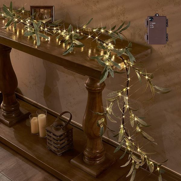 Hairui Branch Light LED Wall Hanging Illumination 1.8m 96 Bulbs Battery Operated Home Decor Artificial Flowers Green Olive Wisteria Ornamental Plant Timer Waterproof