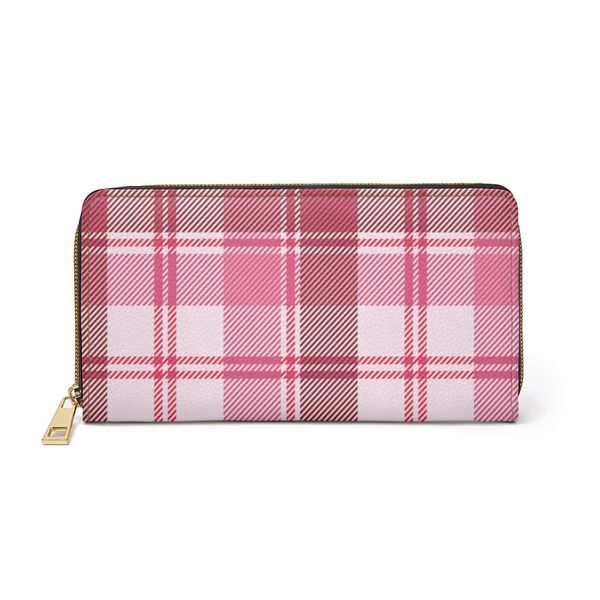 Womens Wallet, Zip Purse, Pink & White Plaid - One size