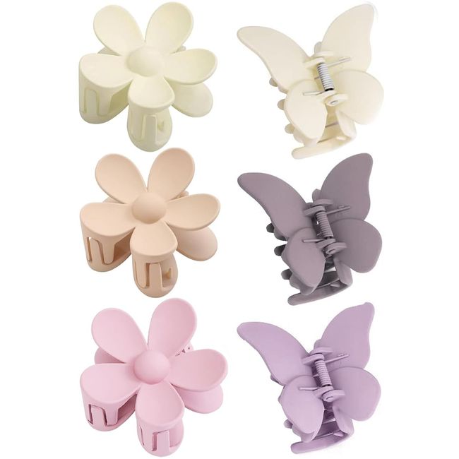 Ricawa 6 PCS Flower Butterfly Claw Clips Matte Hair Claw Clips for Thick Thin Hair Large Flower Butterfly Hair Clip Strong Hold Non Slip Jaw Claw Clips Cute Hair Accessories for Women (Elegant Color)