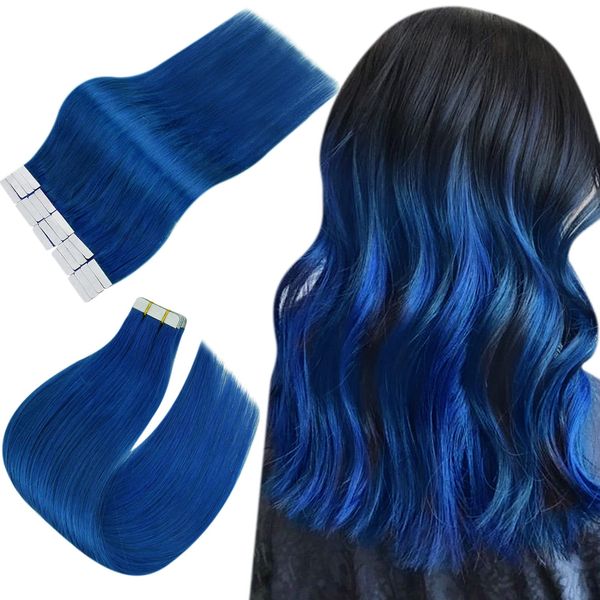 Easyouth 16inch Blue Hair Extensions Tape in Human Hair Invisible Tape in Extensions Colored Hair Extensions Tape in Human Hair Blue Hairstyle 25g 10pcs