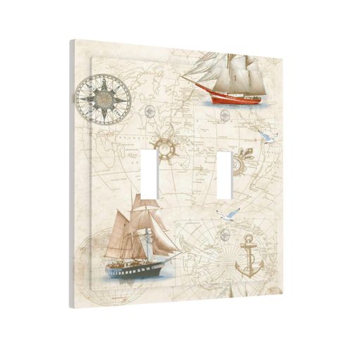 Nautical Map Sailing Sailboats Double Toggle Light Switch Cover Decorative 2 Gang Light Switch Cover Decorative For Kitchen Bathroom Bedroom Decor