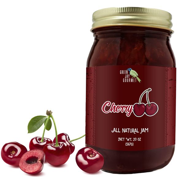 Green Jay Gourmet Cherry Jam - All-Natural Fruit Jam with Cherries & Lemon Juice - Vegan, Gluten-free Jam - Contains No Preservatives or Corn Syrup - Made in USA - 20 Ounces