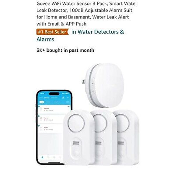 Govee WiFi Water Sensor 3 Pack, Smart Water Leak Detector, 100dB AdjustableAlarm