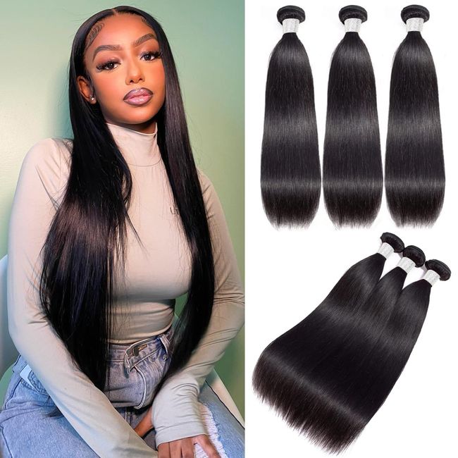 12A Human Hair Bundles Straight 16 18 20 Inch 3 Bundles Human Hair 100% Unprocessed Brazilian Virgin Hair Bundles Deals Human Hair Weave Bundles Human Hair Extension Double Weft Natural Color