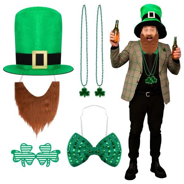 6PCS St. Patrick's Day Party Costume - Irish Festival Accessories - Hat with Brown Beard,Shamrock Eyeglasses,Bow tie,Beads Necklace for Parade Ireland Party Festival Accessory