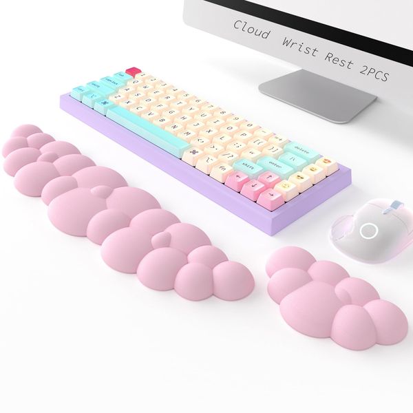 Keyboard Cloud Wrist Rest 2PCS, High Density Memory Foam Keyboard Palm Rest, Ergonomic Keyboard Pad Wrist Support for Pain Relief, Mouse Pad Rest Support for Office/Computer/Laptop/Gaming/Mac,Pink