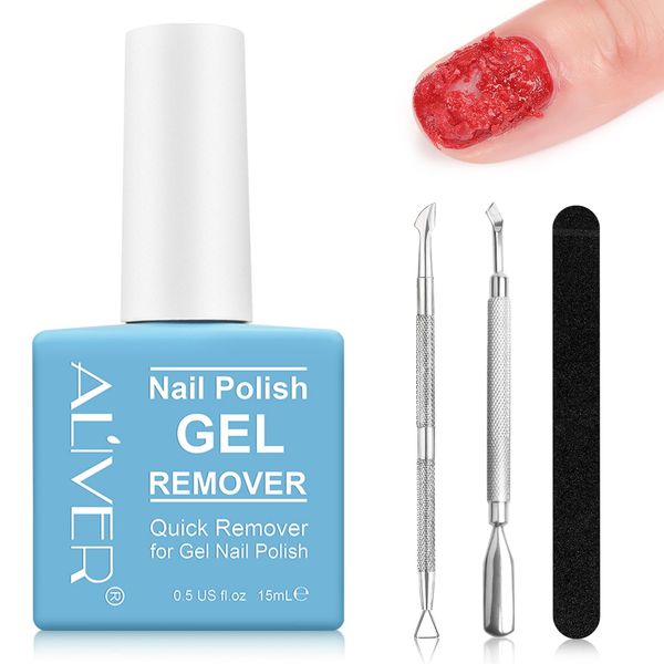 Gel Nail Polish Remover 15 Ml, Peel off in 3-5 Min, Easy Quick Remove Gel Nail, Acrylic & UV Nail, Without Foil Soak or Wrap, Do Not Hurt Nails, with Nail File, Cuticle Pusher and Nail Polish Scraper