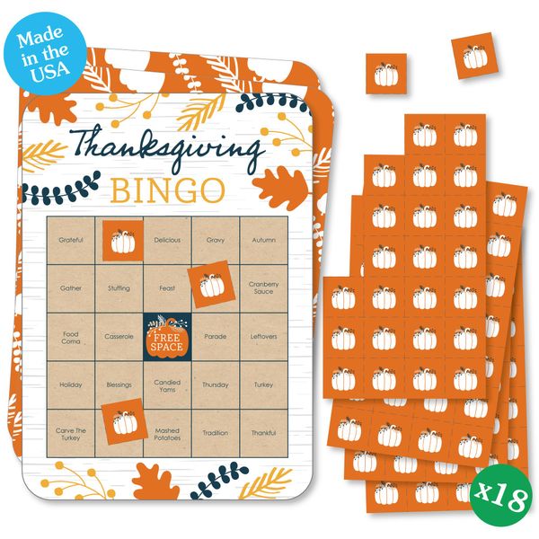 Big Dot of Happiness Happy Thanksgiving Bingo Cards and Markers, Thanksgiving Games for Kids, Thanksgiving Games for Family, Fall Harvest Party Bingo Game, Set of 18