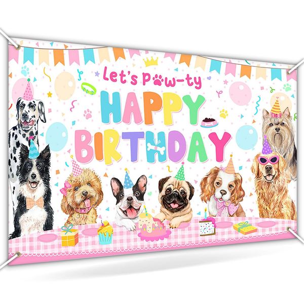 Avezano Dog Birthday Decorations Pink Puppy Dog Birthday Party Banner Let's Pawty Dogs Kids Birthday Photography Backdrop Indoor and Outdoor 70.8x43.3 inch