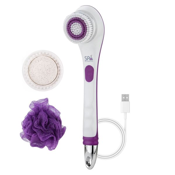 Spa Sciences - NERA Powered Shower Brush - 3-in-1 Multifunction Back & Body Brush - Exfoliation, Cleansing, Massaging - for All Skin Types - Includes Body Brush, Loofah, & Pumice Stone - USB Charging