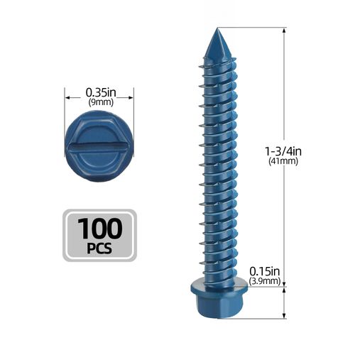 3/16" x 1-3/4" Concrete Screws, 100 PCS Blue Hex Washer Head Concrete Screws Anchor Kit with Drill Bit and Hex Bit Socket, for Masonry, Cement, Block, Brick or Stucco