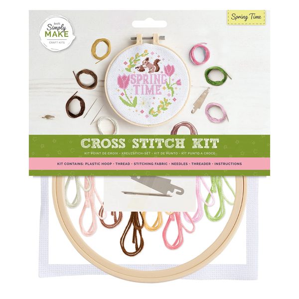 Simply Make Cross Stitch Kit - Springtime Design for Kids and Adults, Including Hoop, Embroidery Thread, Fabric and Needle - Perfect for Adult Crafts and Beginners - Starter Cross Stitch Craft Kit