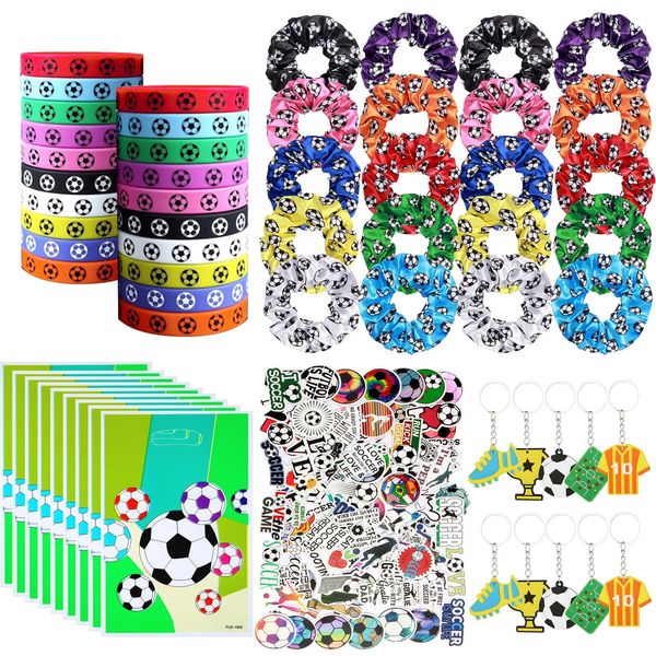 EIDIND 180PCS Soccer Party Favor Set with Soccer Goodie Bags, Soccer Rubber Bracelets Soccer Stickers Soccer Key Chains Soccer Satin Scrunchies Hair Ties, Soccer Party Supplies Soccer Party Decoration