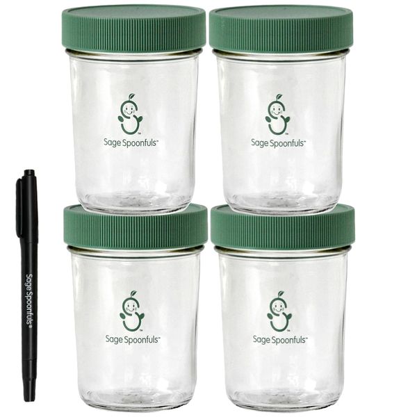 Sage Spoonfuls Glass Baby Food Containers with Lids - 4 Pack, 8 oz Glass Baby Food Jars, Freezer Storage, Durable & Leakproof, Reusable Glass Baby Food Containers, Microwave & Dishwasher Friendly