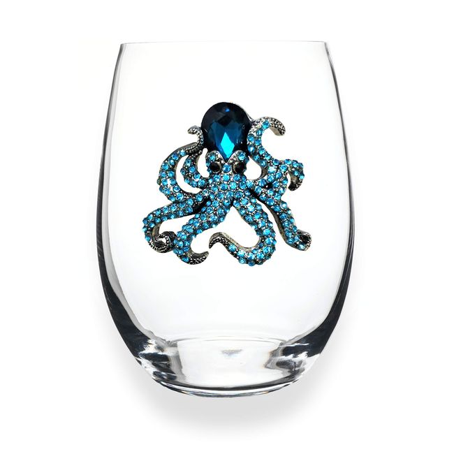 THE QUEENS' JEWELS - Octopus Jeweled Stemless Wine Glass, 21 oz. - Dazzling and Unique - Hand Decorated Glassware - Not Painted