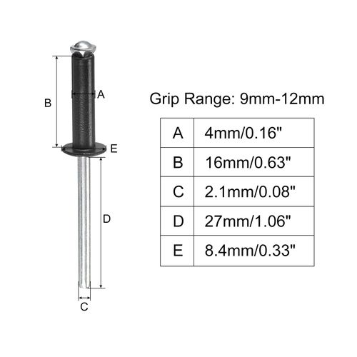 uxcell Blind Rivets 4mm x 16mm Aluminum Open End Flat Round Head Rivets for Joining Metal Plates, Black, Pack of 50