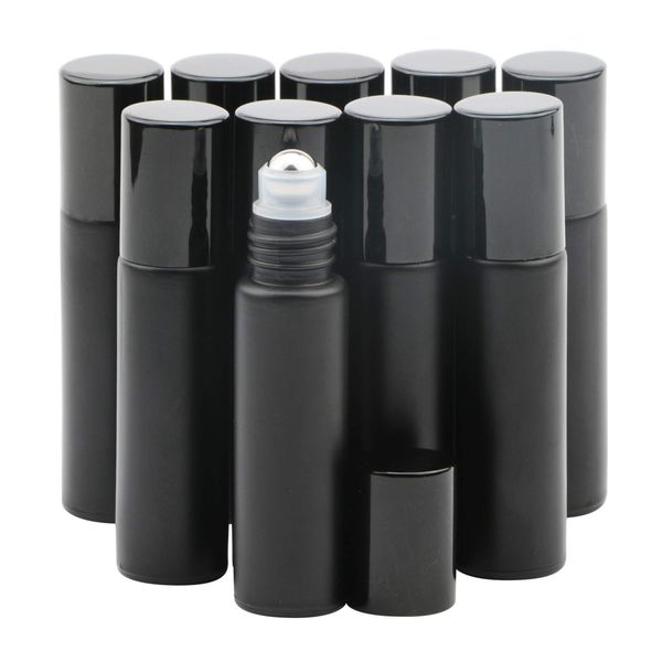 Rowiz 10PCS 10ml Black Frosted Glass Bottle Leakproof Glass Bottle Essential Oil Roller Bottles Set With Stainless Steel Balls And Anodized Aluminum Screwcap For Perfume & Aromatherapy Oils