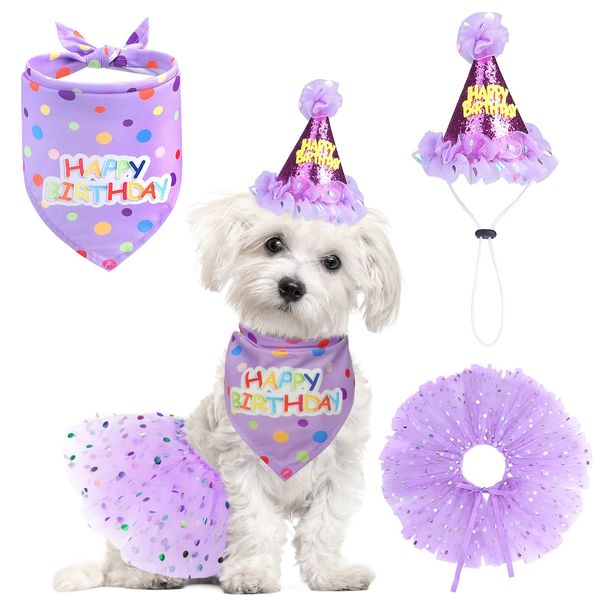 SCENEREAL Dog Birthday Bandana with Hat and Dress Girl Set, Puppy Birthday Party Supplies, Cute Tutu Skirt Outfit for Small Medium Large Dogs