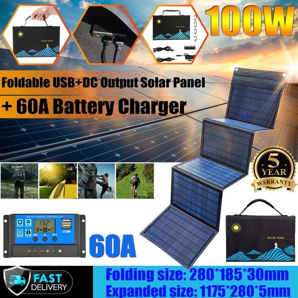 100W Solar Panel Kit Monocrystalline Foldable USB+DC Output Battery Charger Camp